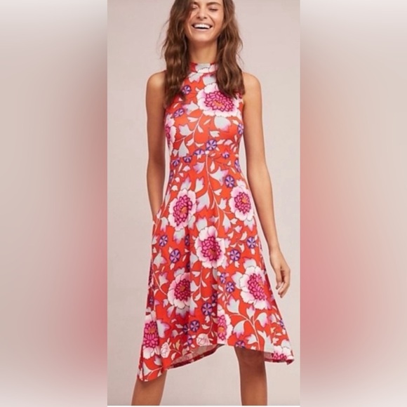 Anthropologie Maeve Stretch Swing  Pink and Red Floral Dress Size XS - Picture 1 of 9